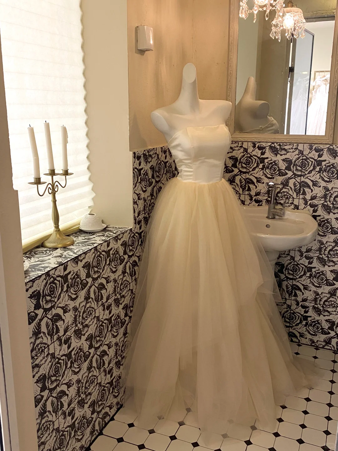 Simple Light Champagne A Line Strapless Satin Tulle Party Dress Prom Dress HZ1023