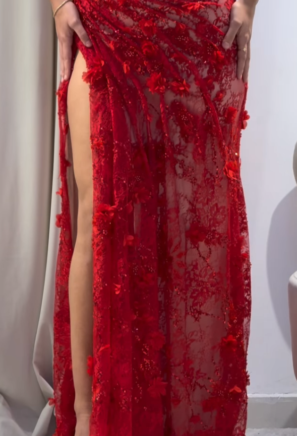 Baby Red Sheath V Neck Beaded 3D Floral Lace Prom Dress Evening Dress HZ1023