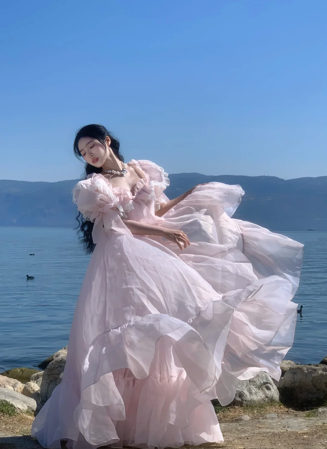 Princess Light Pink A Line Puff Chiffon Long Party Dress Evening Dress HZ1023