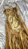 Gold Vintage Floral Satin Applique Spaghetti Straps Chiffon Prom Dresses Party Dresses HZ1023