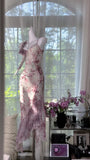 Flowy Purple Print Floral Mermaid Spaghetti Strap Chiffon Prom Dress Evening Dress Formal Dress HZ1023