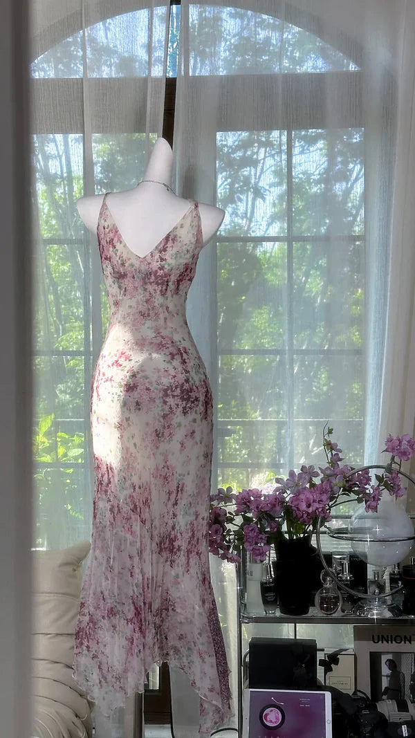 Flowy Purple Print Floral Mermaid Spaghetti Strap Chiffon Prom Dress Evening Dress Formal Dress HZ1023