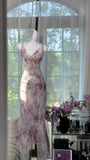 Flowy Purple Print Floral Mermaid Spaghetti Strap Chiffon Prom Dress Evening Dress Formal Dress HZ1023