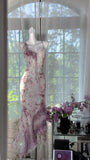 Flowy Purple Print Floral Mermaid Spaghetti Strap Chiffon Prom Dress Evening Dress Formal Dress HZ1023