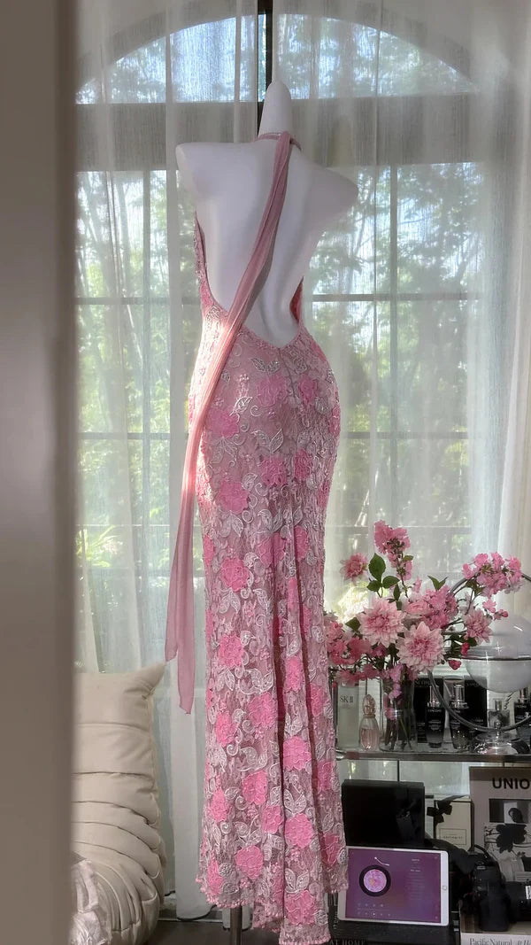 Dreamy Exquisite Pink Floral Lace Sheath Spaghetti Strap Prom Dress Evening Dress Formal Dress HZ1023