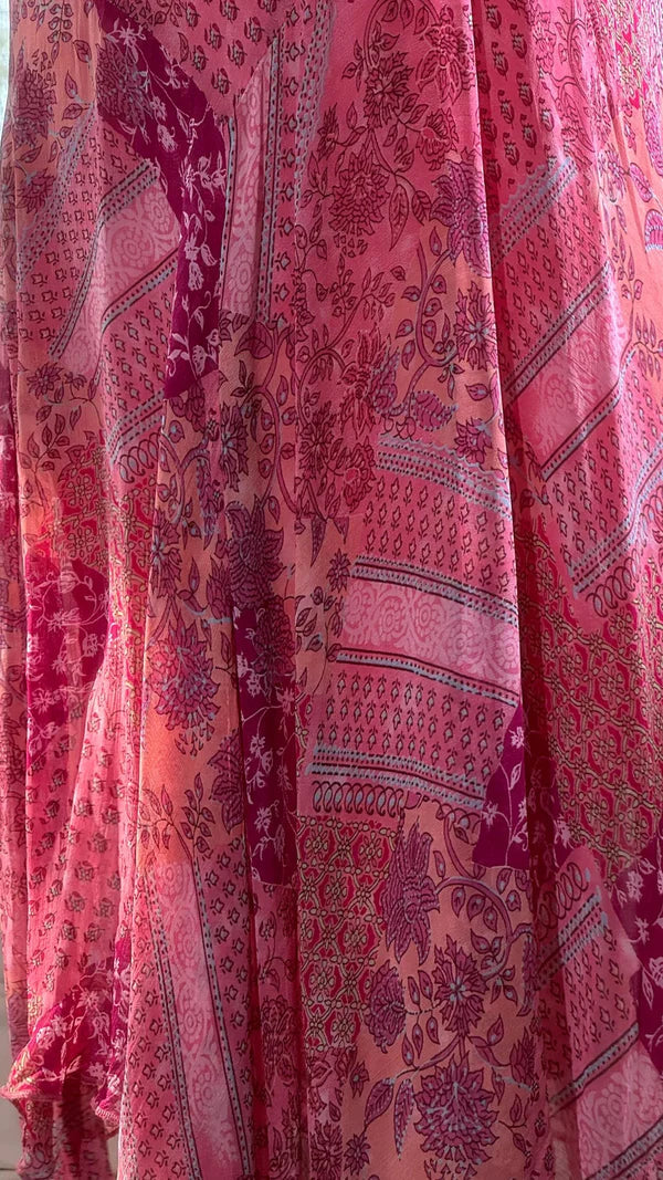Pink Print Floral Mermaid Spaghetti Straps Chiffon Prom Dress Evening Dress HZ1023