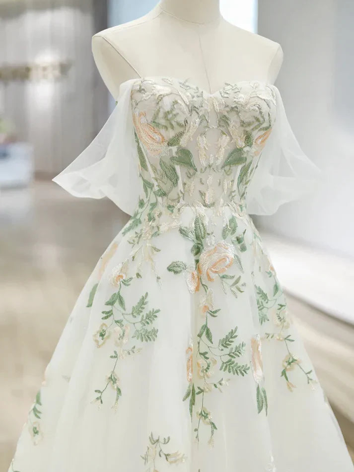 A Line Off Shoulder Tulle Lace Applique White Long Prom Dress Formal Dress HZ1023