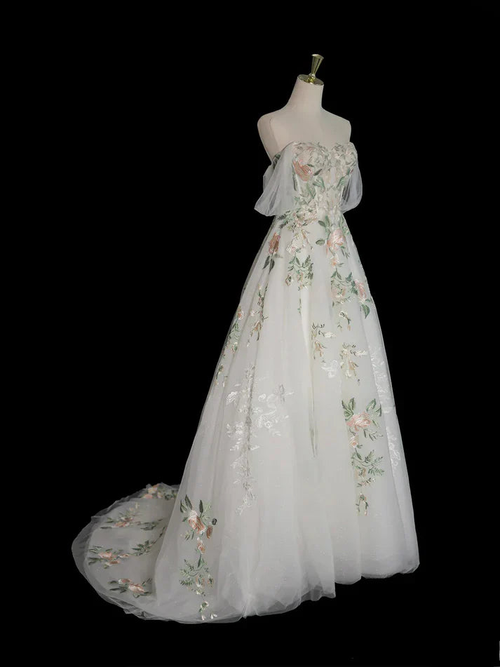 A Line Off Shoulder Tulle Lace Applique White Long Prom Dress Formal Dress HZ1023