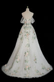 A Line Off Shoulder Tulle Lace Applique White Long Prom Dress Formal Dress HZ1023