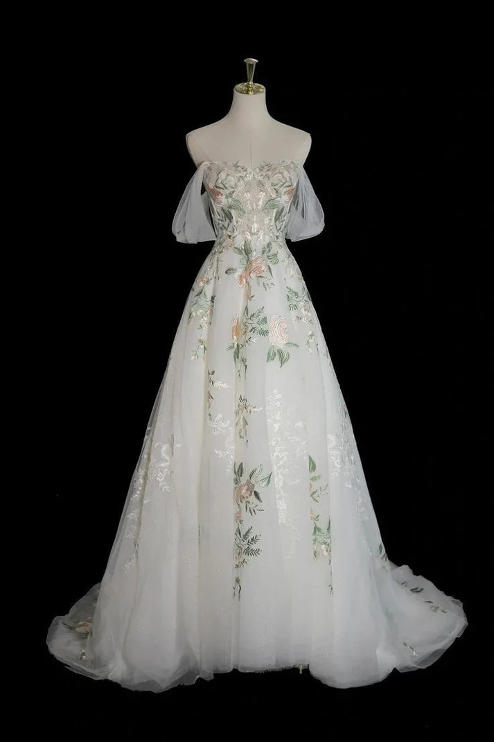 A Line Off Shoulder Tulle Lace Applique White Long Prom Dress Formal Dress HZ1023