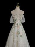 A Line Off Shoulder Tulle Lace Applique White Long Prom Dress Formal Dress HZ1023