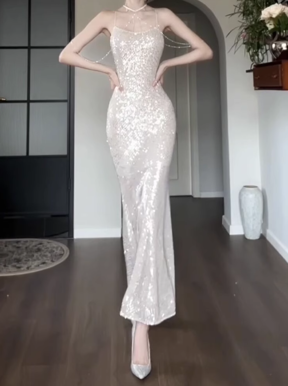 Shiny Mermaid Spaghetti Strap Sequin Prom Dress Evening Dress Party Dress HZ1023