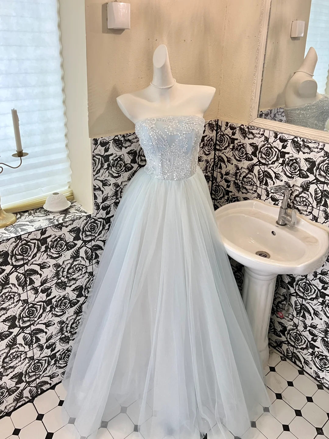 Baby Blue A Line Strapless Beaded Tulle 18th Birthday Dress Prom Dress HZ1023