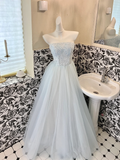 Baby Blue A Line Strapless Beaded Tulle 18th Birthday Dress Prom Dress HZ1023