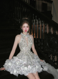 Gorgeous A Line V Neck Silver Beaded Flower Tulle Short Homecoming Dress Cocktail Dress HZ1023