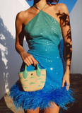 Sexy Sheath Halter Feather Sequin Backless Short Homecoming Dress Evening Dress HZ1023