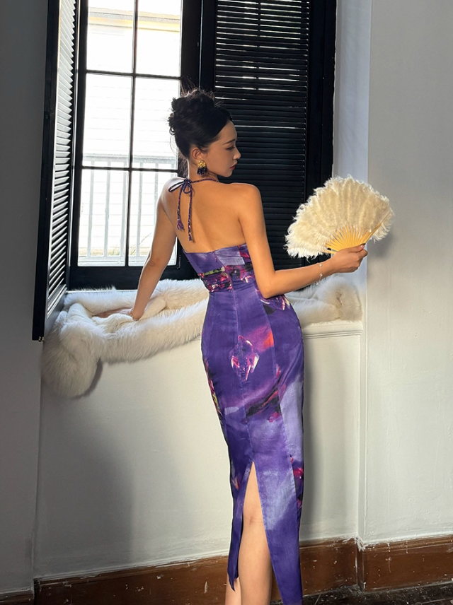 Sexy Purple Print Floral Sheath Halter Chiffon Long Prom Dress Party Dress HZ1023