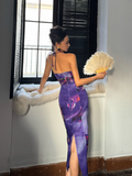 Sexy Purple Print Floral Sheath Halter Chiffon Long Prom Dress Party Dress HZ1023