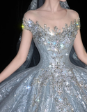 Shiny Rhinestone Beaded Silver Sequin Ball V Neck Prom Dress Evening Dress Party Dress HZ1023