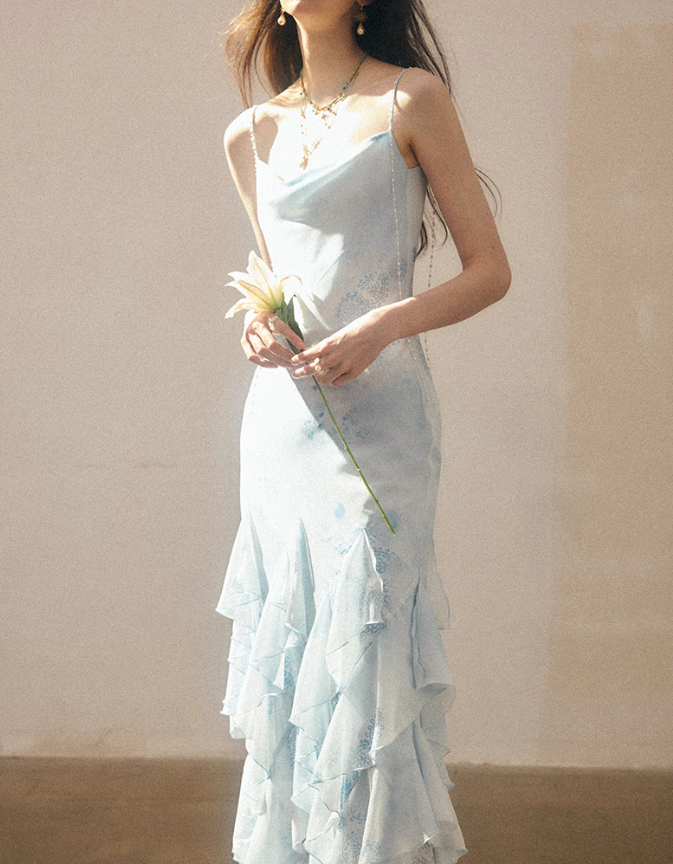 Blue Mermaid Spaghetti Strap Ruffle Chiffon Long Prom Dress Party Dress HZ1023