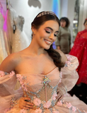 Romantic Poofy Pink Floral Wedding Dresses Off the Shoulder Ball Gown Quinceanera Dress HZ1023