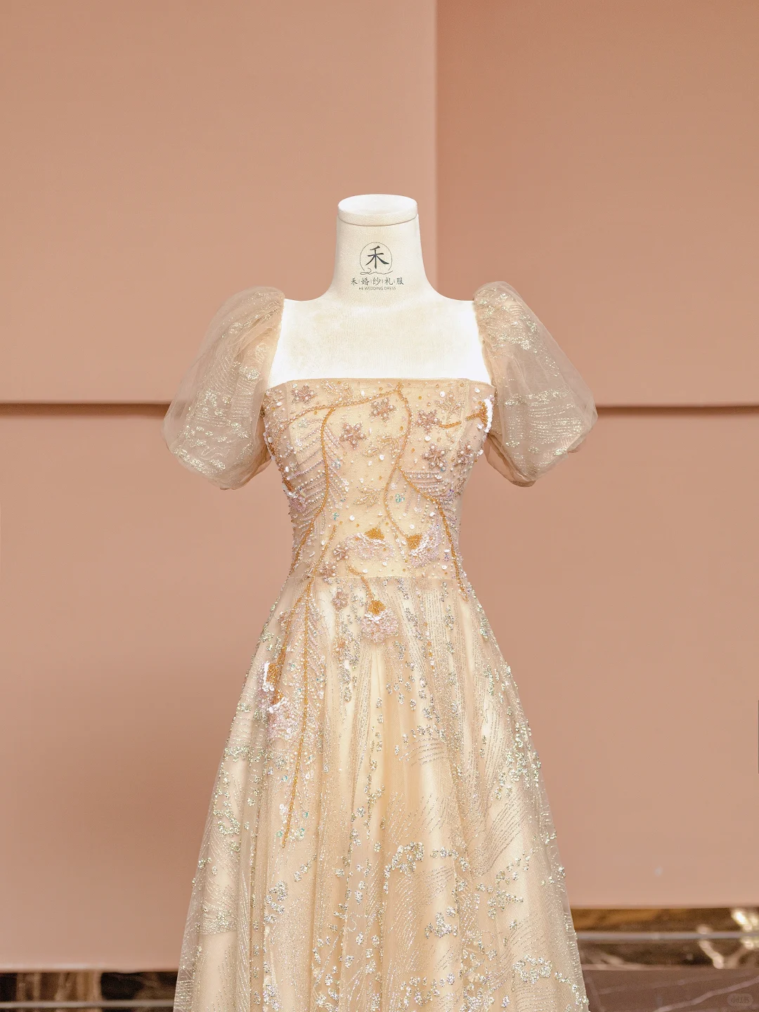 Pretty A Line Puff Beaded Sequin Champagne Tulle Long Prom Dress Party Dress HZ1023