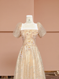 Pretty A Line Puff Beaded Sequin Champagne Tulle Long Prom Dress Party Dress HZ1023