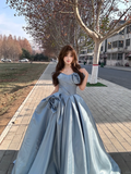 Blue A Line Off the Shoulder Flower Satin Long Party Dress Birthday Dress HZ1023