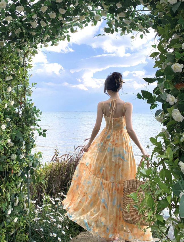 Flowy A Line Spaghetti Strap Floral Yellow Chiffon Prom Dress Vacation Dress HZ1023