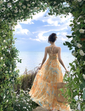 Flowy A Line Spaghetti Strap Floral Yellow Chiffon Prom Dress Vacation Dress HZ1023