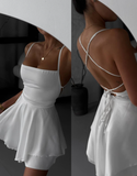Cute White A Line Spaghetti Strap Satin Short Homecoming Dress Cocktail Dress HZ1023