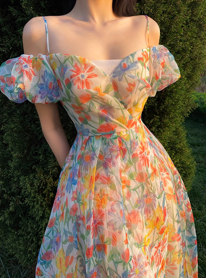 Unique Print Floral A Line Off the Shoulder Chiffon Long Prom Dress Party Dress HZ1023
