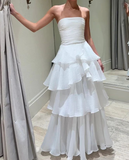 White Strapless Multi-layer Evening Dress Long White Prom Dress HZ1023