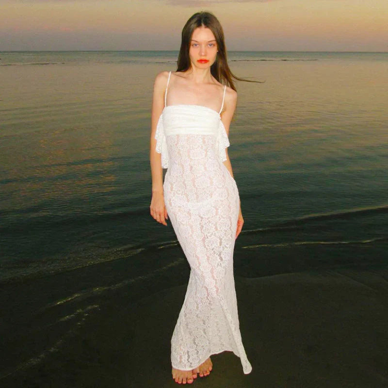 White Mermaid Spaghetti Straps Lace Long Prom Dress Evening Dress HZ1023