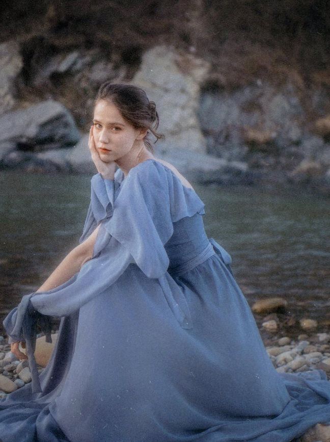 Blue A Line Straps Chiffon Slit Long Prom Dress Evening Dress with Cape HZ1023