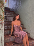 Dark Purple Sheath Spaghetti Strap Print Floral Satin Prom Dress Party Dress HZ1023