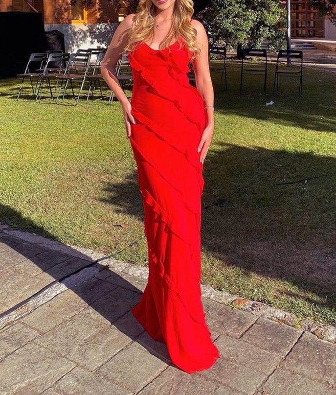 Sexy Backless Straps Black Chiffon Ruffles Slit Prom Dress Party Dress HZ1023