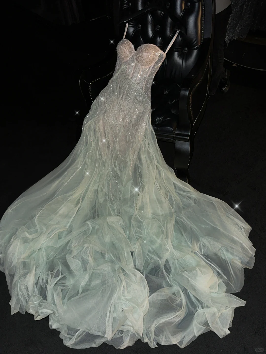 Romantic A Line Strapless Beaded Green Champagne Tulle Party Dress Evening Dress HZ1023