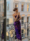 Sexy Purple Print Floral Sheath Halter Chiffon Long Prom Dress Party Dress HZ1023