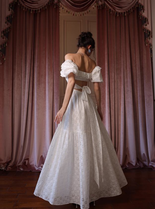 Princess A Line Puff White Lace Prom Dress Party Dress HZ1023