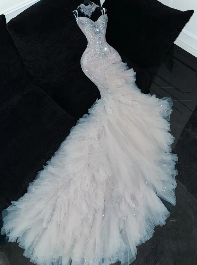 Mermaid Beaded Sweetheart Neck Tulle Long Prom Dress Evening Dress Party Dress HZ1023