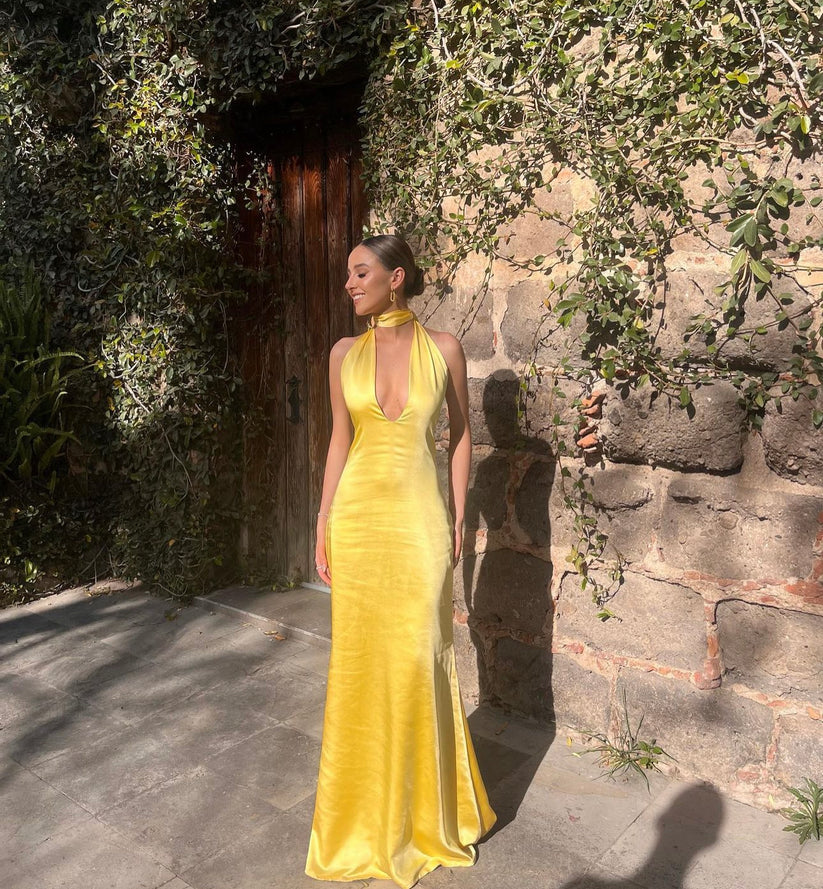 Yellow Sheath V Neck Satin Open Back Long Prom Dress Evening Dress HZ1023