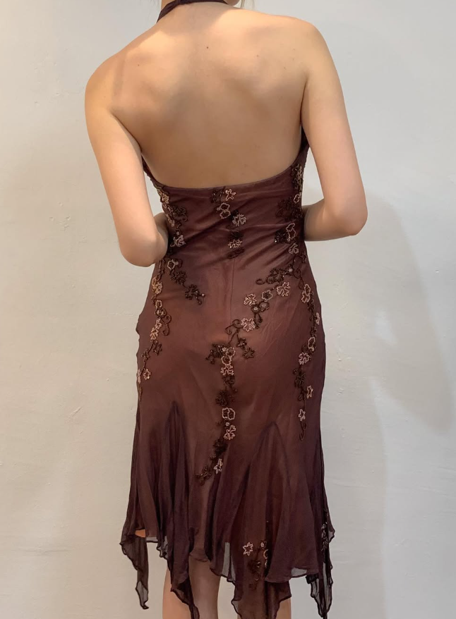 Vintage Sheath Halter Beaded Brown Chiffon Short Homecoming Dress Evening Dress HZ1023