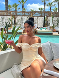 Simple Light Apricot A Line Off the Shoulder Satin Short Outfit Party Dress Vacation Dress HZ1023