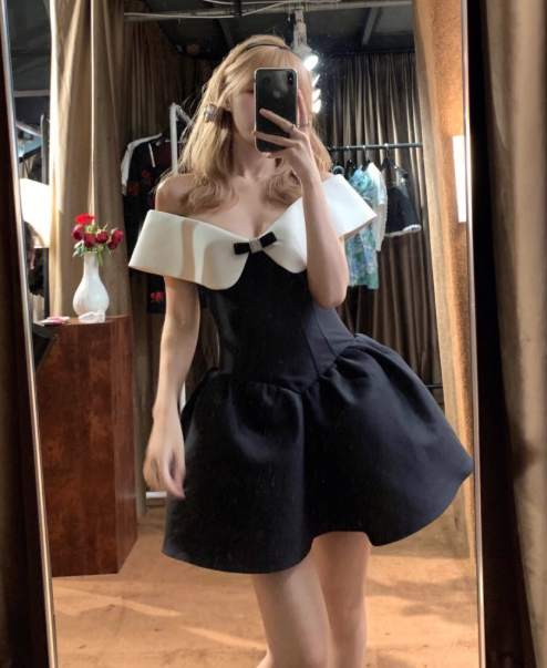 Stunning A Line Off the Shoulder White Black Satin Short Homecoming Dress Birthday Dress HZ1023