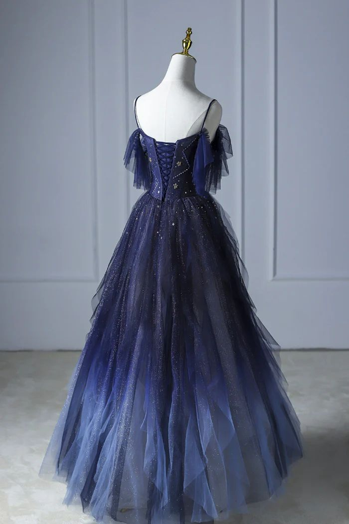 Beautiful Blue Gradient Tulle Long Prom Dress, Spaghetti Strap Evening Dress HZ1023