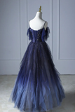 Beautiful Blue Gradient Tulle Long Prom Dress, Spaghetti Strap Evening Dress HZ1023
