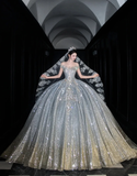 Shiny Rhinestone Beaded Silver Sequin Ball V Neck Prom Dress Evening Dress Party Dress HZ1023