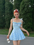 Blue A Line Spaghetti Strap Print Floral Satin Party Dress Homecoming Dress HZ1023