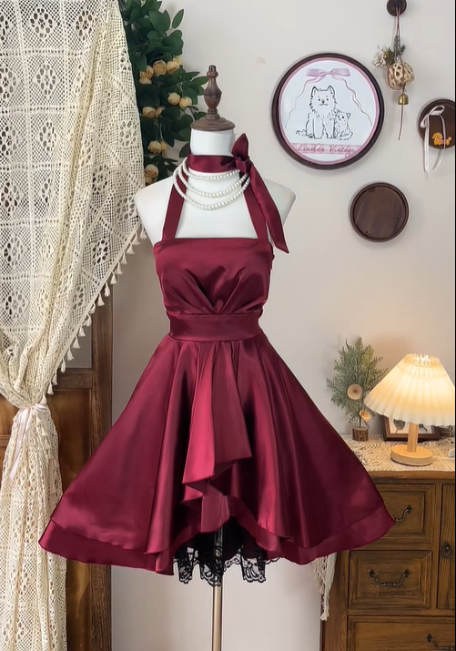 Charming A Line Halter Lace Burgundy Satin Short Homecoming Dress Cocktail Dress HZ1023